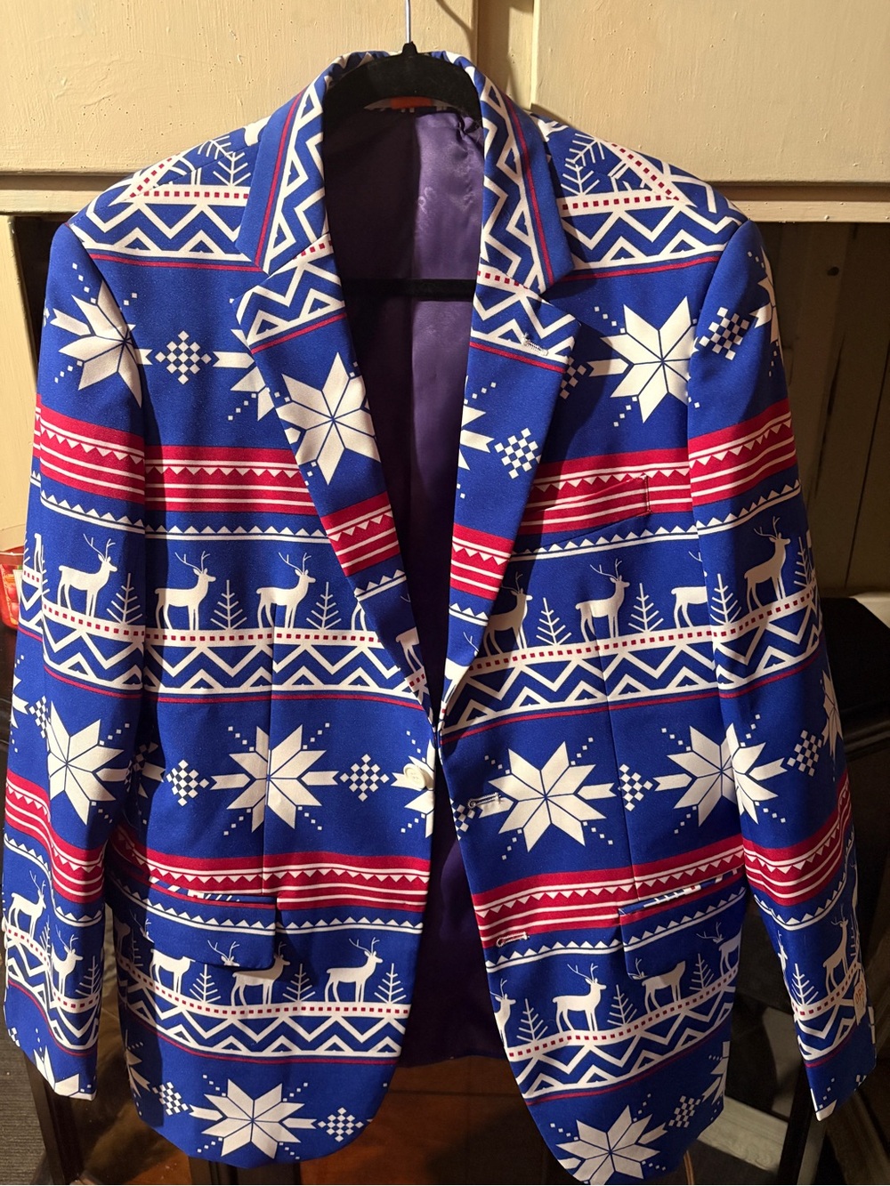 OppoSuits Blue Holiday Patterned Blazer with Red and White Accents